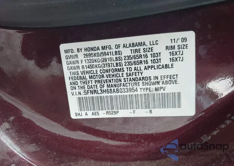 2010 Honda Odyssey Ex-L from USA, damaged, VIN 5FNRL3H68AB033954